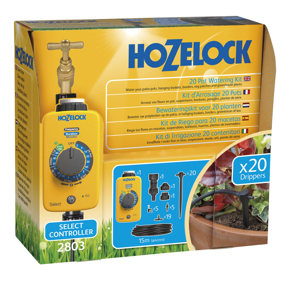 HOZELOCK - Drip Watering Kit 20 Pot : Complete Stand-alone System with Select Controller Programmer, Ideal for Potted Plantsand Window Boxes, for