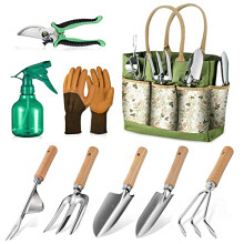Grenebo Gardening Tools, 9-Piece Heavy Duty Gardening Hand Tools with Fashion and Durable Garden Tools Organizer Handbag,Rust-Proof Garden Tool Set,