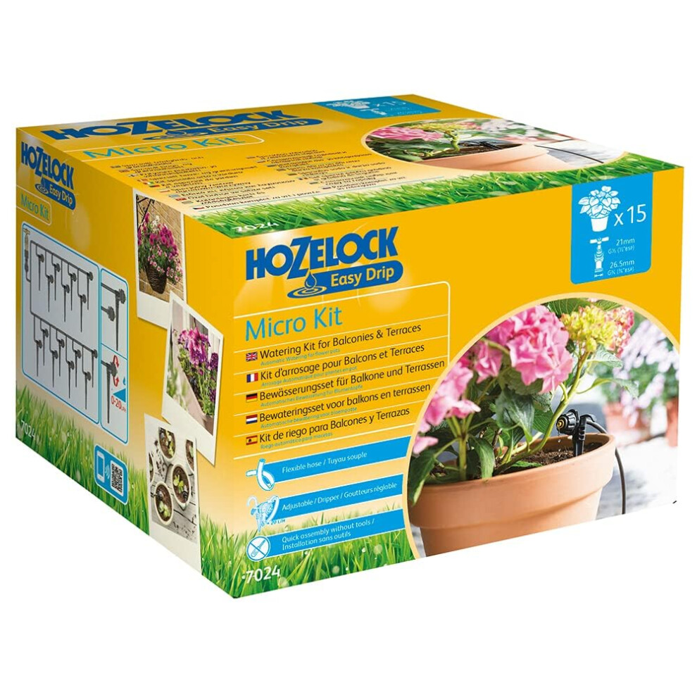 HOZELOCK - Micro Irrigation Kit "Micro Kit" : Ideal for Watering Potted Plants and Hanging Baskets, Easy to Use, Supplied with 15m of ? 4mm Hose and