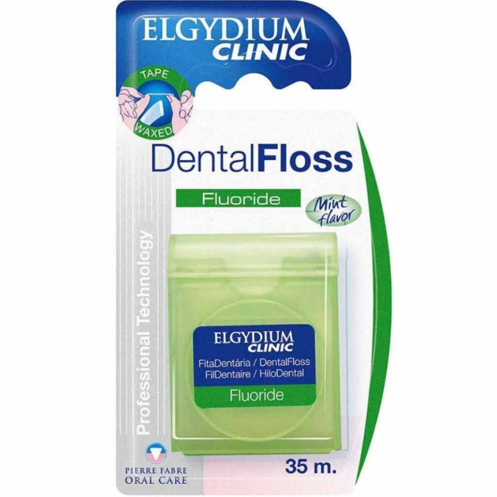 Elgydium Clinic Fluoride Dental Floss, Mint-Flavoured & Waxed 35m, Efficiently Eliminates Food Particles And Plaque, Freshens Breath