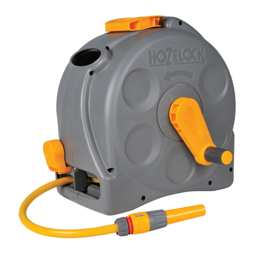 HOZELOCK - 2-in-1 Compact Hose Reel 25m : Portable or Wall-mounted Plastic Reel, Easy Rewind Function, Supplied with Nozzle, Fittings and Fixings