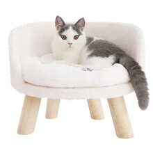 BingoPaw Cat Sofa Chair Bed: Elevated Nordic Pet Stool Bed with Removable Waterproof Mat - Raised Plush Fur Dog Kitten Couch with Wooden Legs Frame