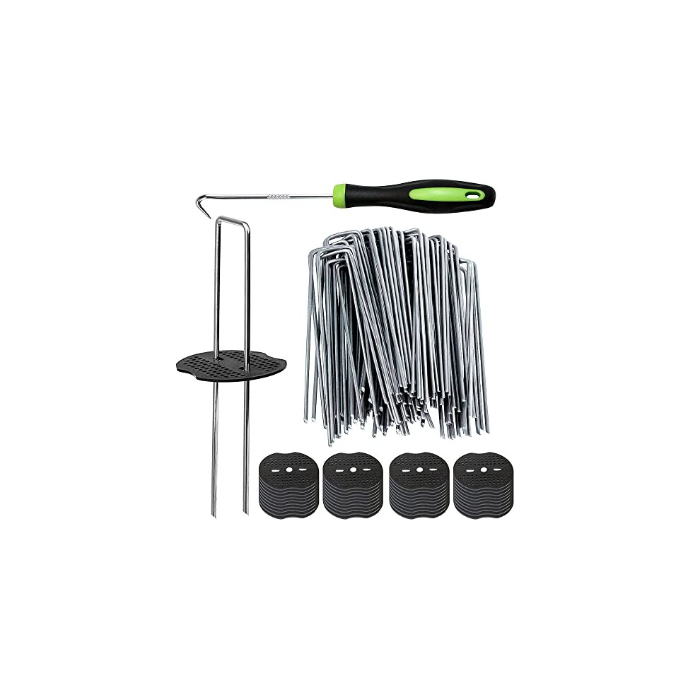Bakulyor 150 Weed Control Membrane Pegs + 150 Buffer Washer, 6"/150Mm Weed Mat Pegs, Metal Garden Landscape Staples Artificial Grass Pins Ground Cover