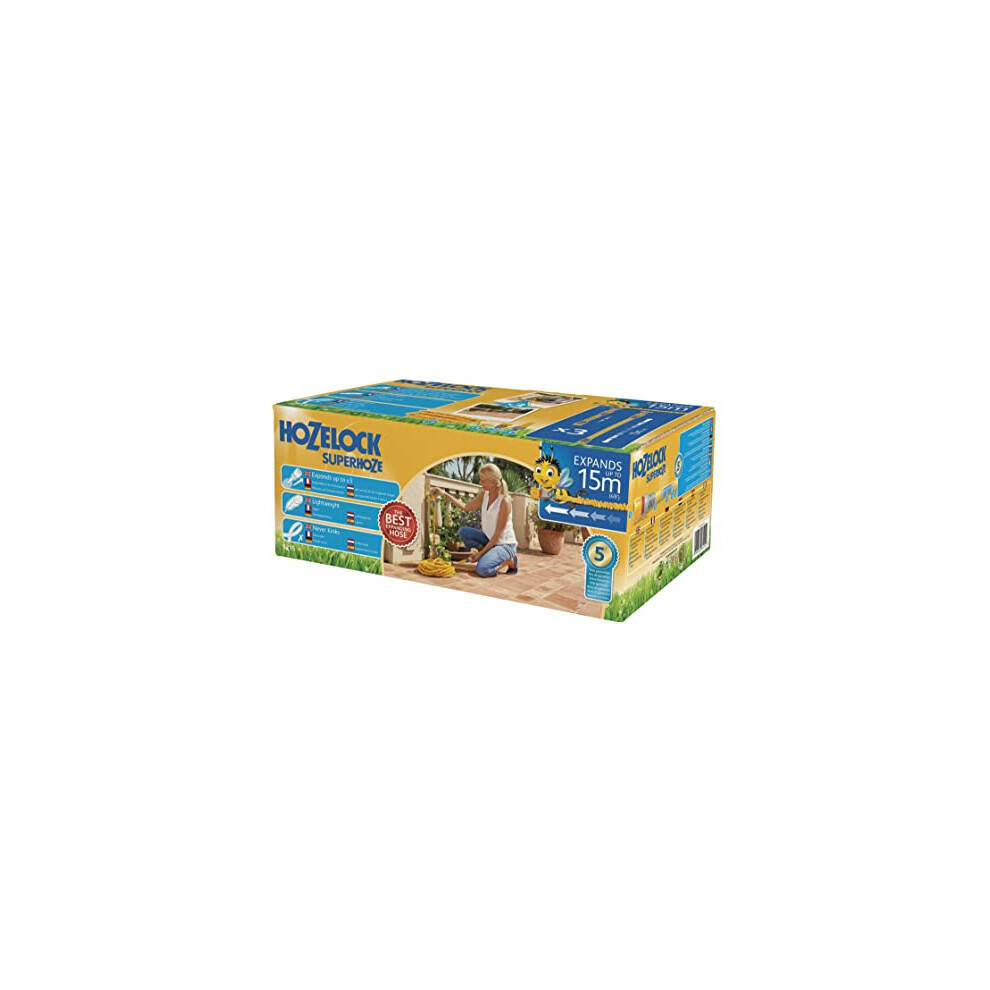 HOZELOCK - Superhoze Expanding Hose 15 m : Flexible Hose, Stretches up to 3x Original Length | With 2 Aquastop Fittings for a Watertight Connection: