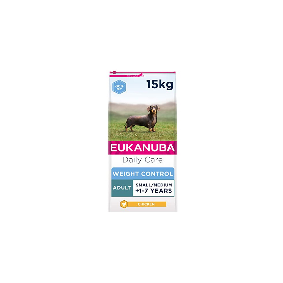 Eukanuba Weight Control Low Fat Complete Dry Dog Food for Adult Small and Medium Breeds with Chicken 15 kg