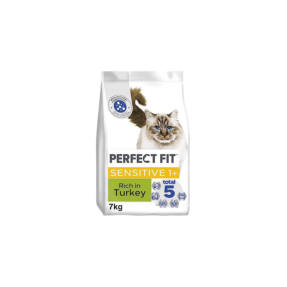 Perfect Fit Sensitive Adult 1+ Complete Dry Cat Food for Adult Cats Aged 1+ Years, Rich in Turkey, 1 Bag (7 kg)