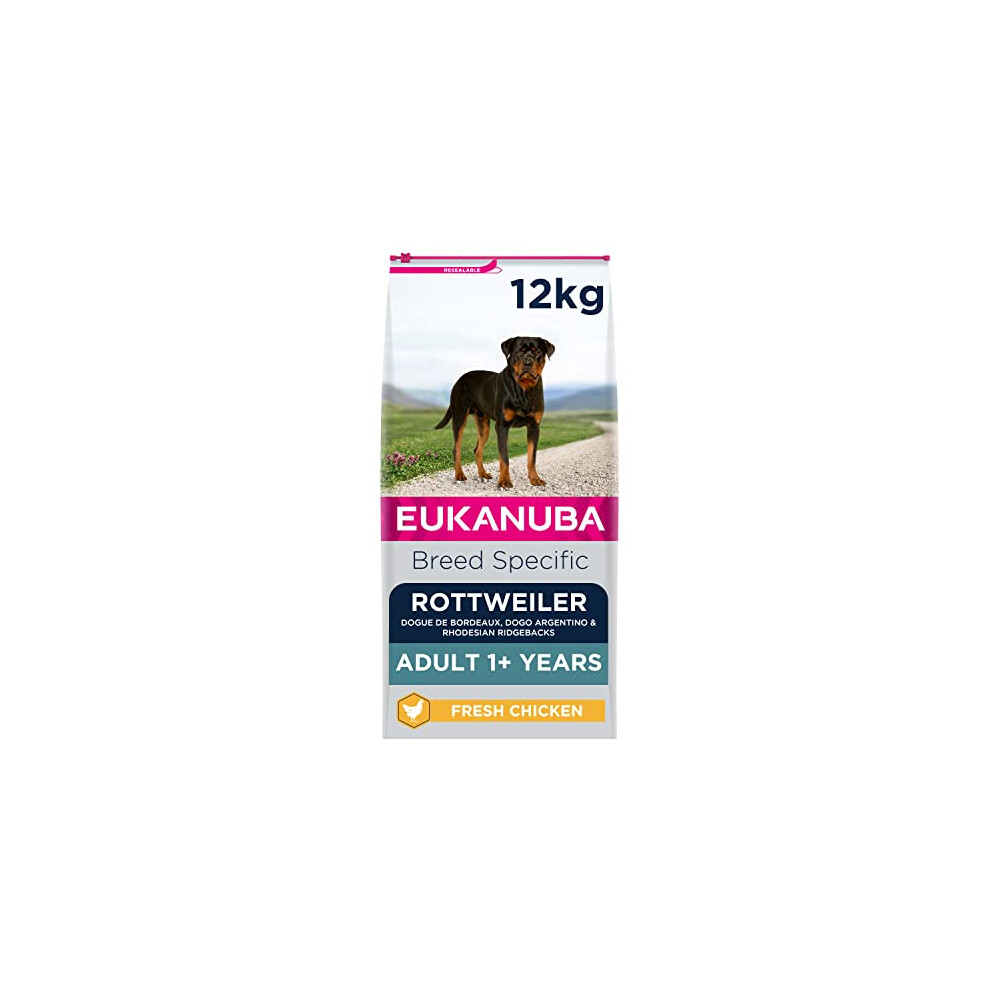 Eukanuba Complete Dry Dog Food for Adult Rottweiler Breed Types with Fresh Chicken 12 kg, Packaging may vary