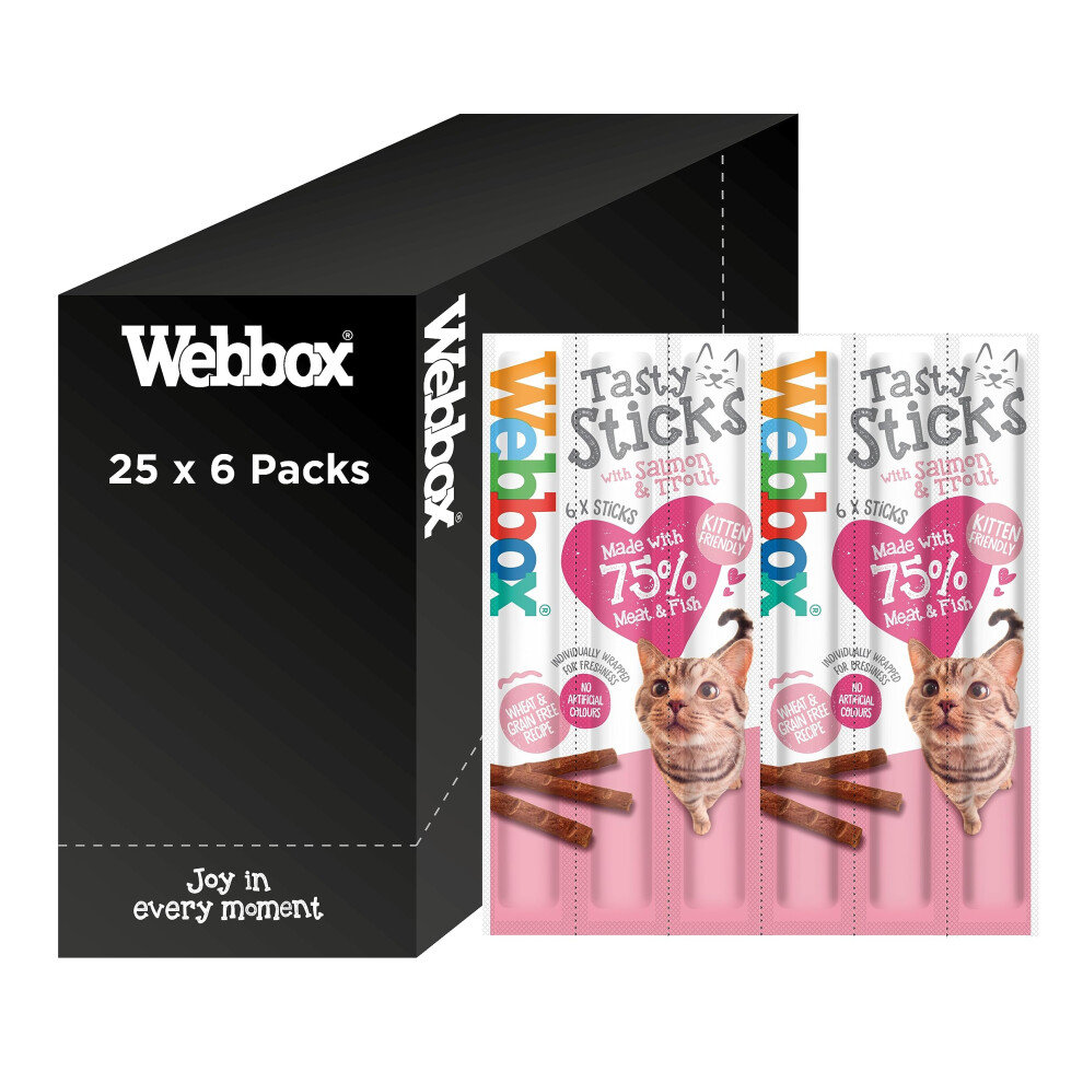 Webbox Tasty Sticks Cat Treats, Salmon and Trout - Kitten Friendly, Wheat and Grain Free, No Artificial Colours (25 x 6 Packs)