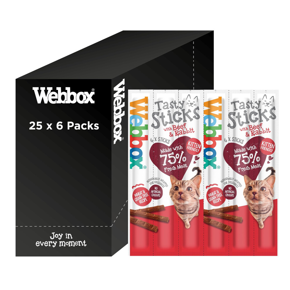 Webbox Tasty Sticks Cat Treats, Beef and Rabbit - Kitten Friendly, Wheat and Grain Free, No Artificial Colours (25 x 6 Packs)