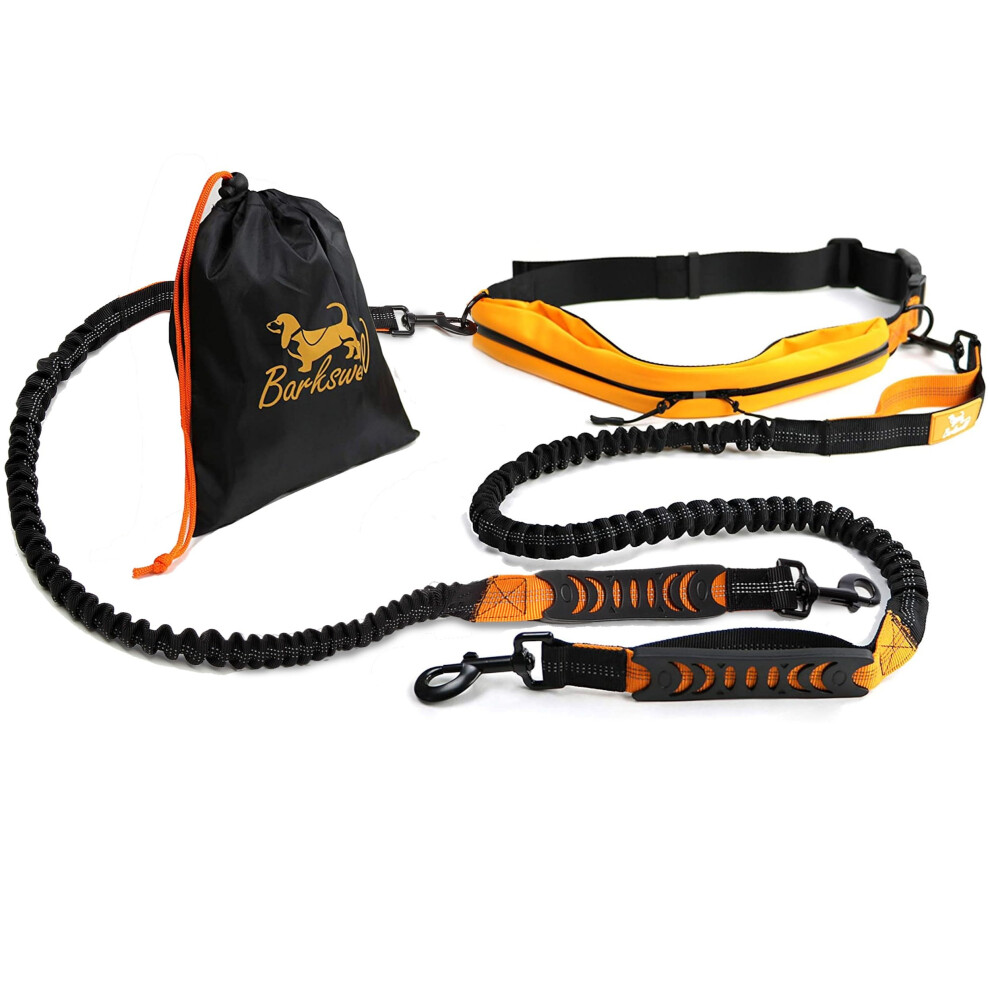 Barkswell Hands Free Dog Lead For 2 Dogs - Dual Bungee Running Belt With 2-Lead System, Reflective & 2-Compartment Pouch (Bwhandsfree)