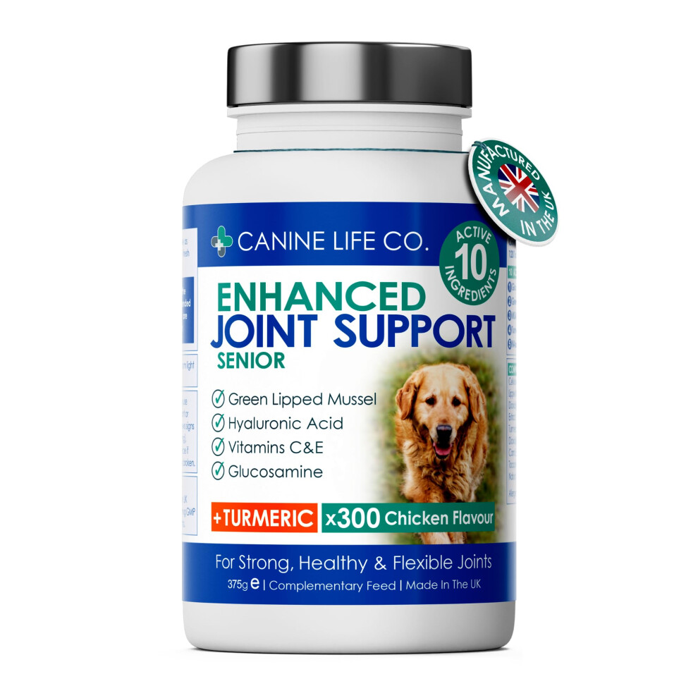 Canine Life Co. Senior Dog Joint Supplement High Strength With Turmeric Glucosamine & Lipped Mussel | For Older Stiffer Dogs Age 8+ | 300 Chewable Tablets | Green