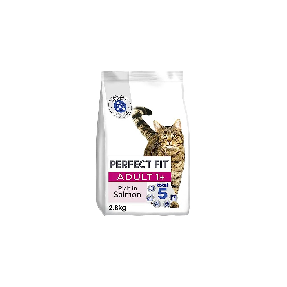 Perfect Fit Adult 1+ Complete Dry Cat Food for Adult Cats Aged 1+ Years, Rich in Salmon, 3 Bags (2.8 kg)