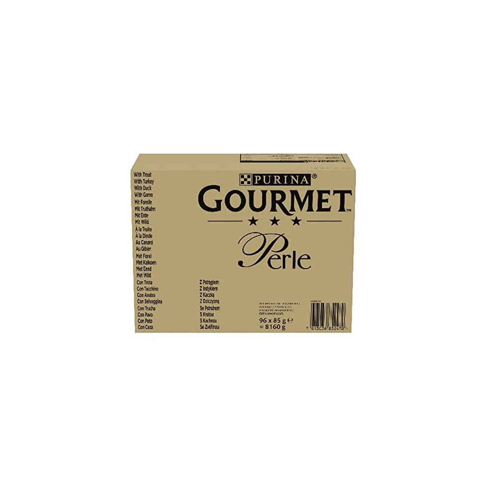 Gourmet Perle Mini Fillets in Jelly Country Medley Wet Cat Food Pouches; for Adult and Senior Cats (Turkey,Trout,Duck,Game) 96x85g