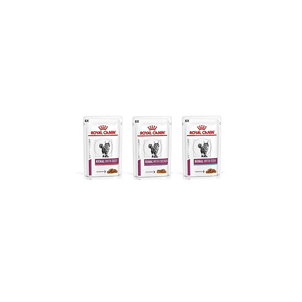 Royal Canin Feline Renal Mix of 6x Tuna 6x Chicken 6x Beef Cat Food each 85gram (Pack of 18)