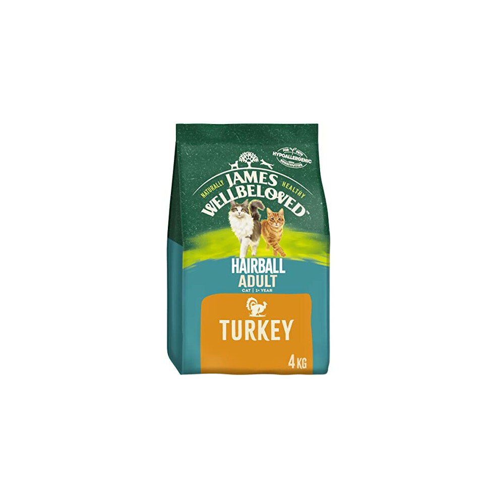 James Wellbeloved Hairball Adult Turkey 4 kg Bag, Hypoallergenic Dry Cat Food