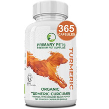 Primary Pets Premium Pet Supplies . Organic Turmeric for Dogs. 365 x 600mg Capsules. Curcumin Antioxidant Hip and Joint Aid Supplement with Active