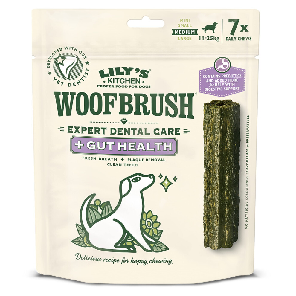 Lily's Kitchen Woofbrush Gut Health Dental Chew - Natural Dental Sticks for Medium Dogs (5 Packs of 7 Chews)