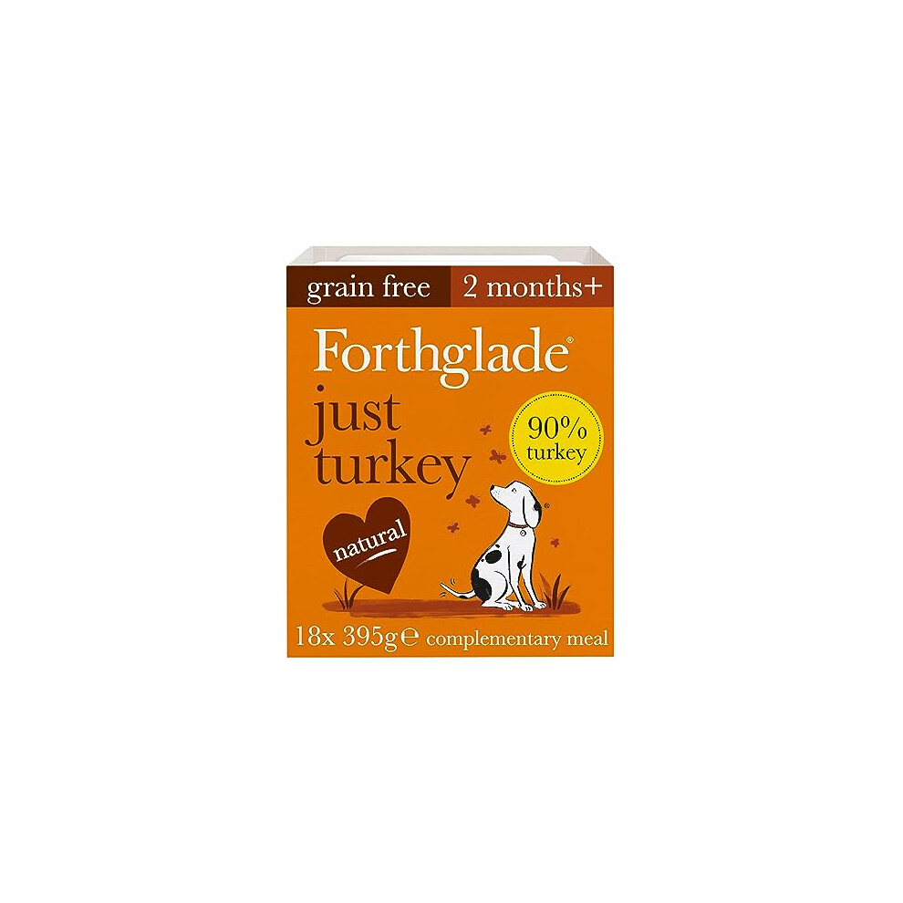 Forthglade Complementary Natural Wet Dog Food - Grain Free Just Turkey with vegetables (18 x 395g) Trays - 90% Turkey Dog Food for Puppy, Adult &