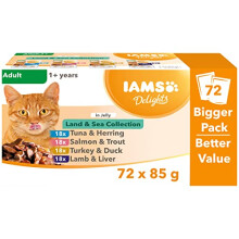 IAMS Delights Complete Wet Cat Food for Adult 1+ Cats Meat and Fish Variety in Jelly Multipack 72 x 85 g Pouches