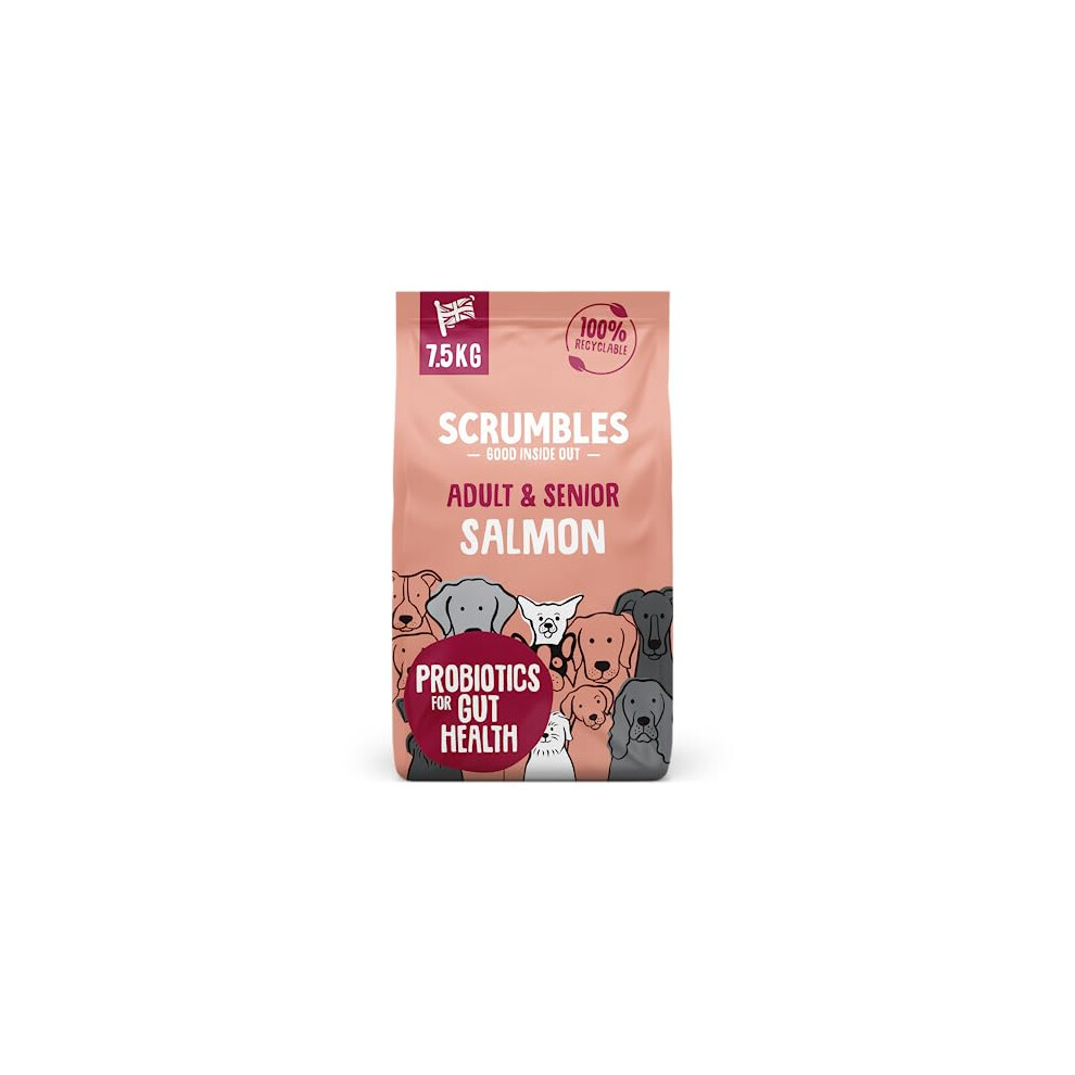 Scrumbles Natural Dry Dog Food, Free Recipe With Fresh For Adults And Senior Breeds, 7.5 Kg Bag Grain/Salmon