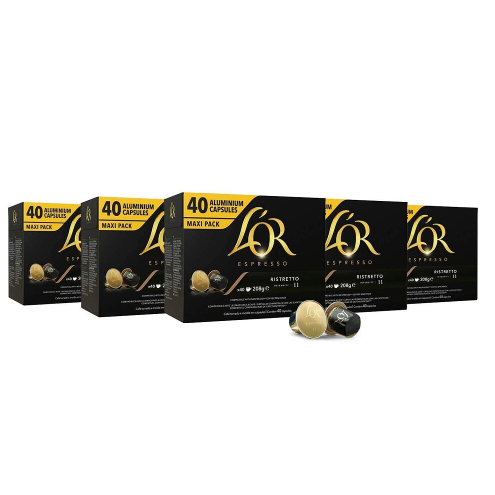 L'OR Espresso Coffee Ristretto Intensity 11 - Nespresso?* Compatible Aluminium Coffee Capsules - 5 Packs of 40 Capsules (200 Drinks)