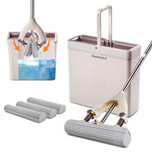 Masthome Sponge Mop and Buckets Sets,Floor Mops with 3pcs Super High Absorption Sponge Heads,135cm Extendable Handle Lazy Mop Bucket for