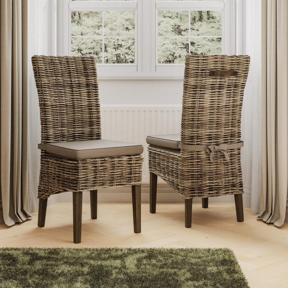 Set Of 2 Solid Pine Rattan Greywash Dining Chairs Ready Assembled