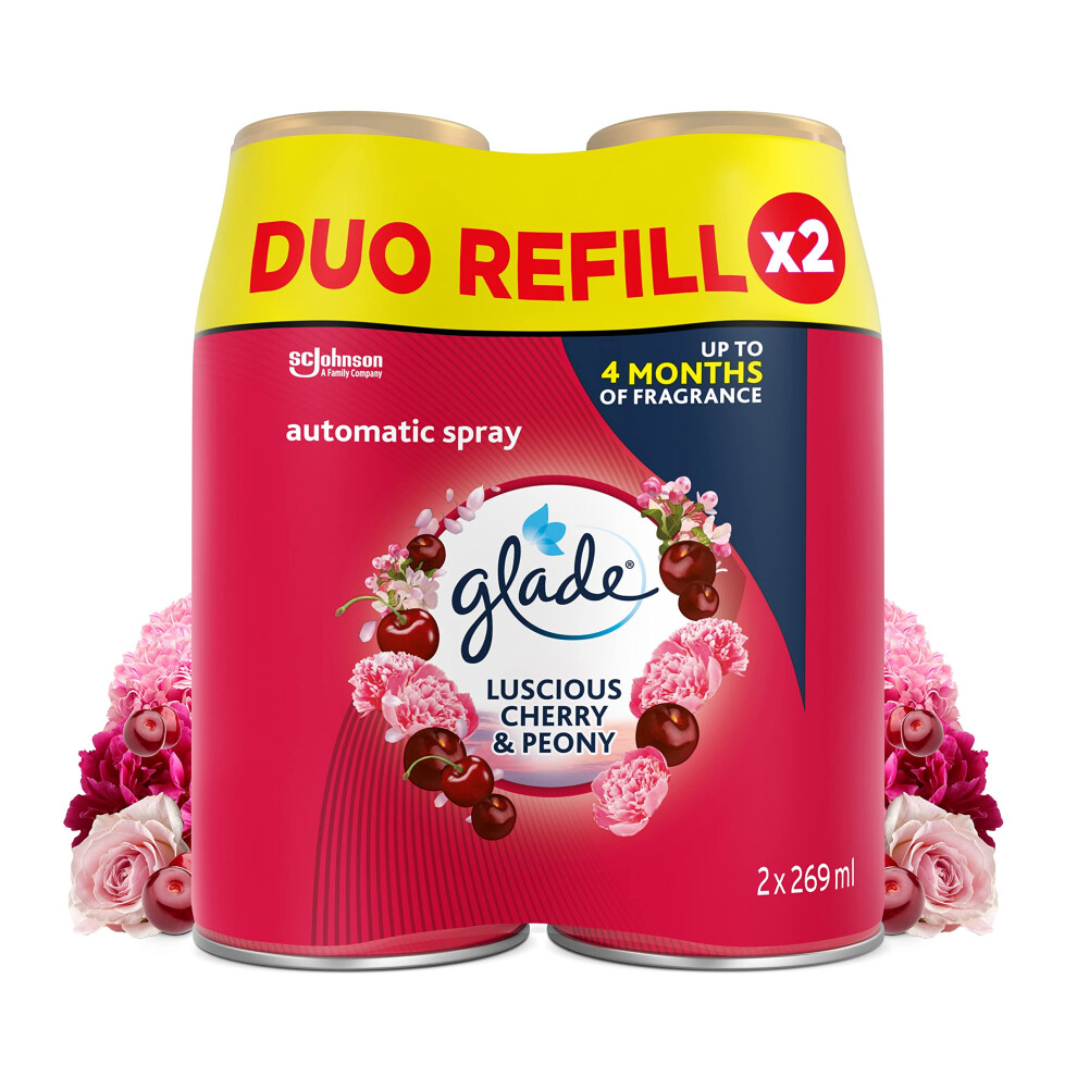 Glade Automatic Air Freshener Refills, Room Spray & Odour Eliminator, Cherry & Peony, Pack of 4 Duos (8 Refills x 269ml)