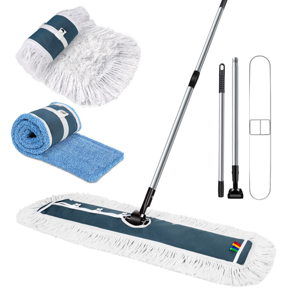 MASTERTOP Commercial Dust Mop, 90cm Heavy Duty Industrial Flat Mop with 2 Reusable Washable Pads, Microfibre Floor Mop for Office Mall Garage