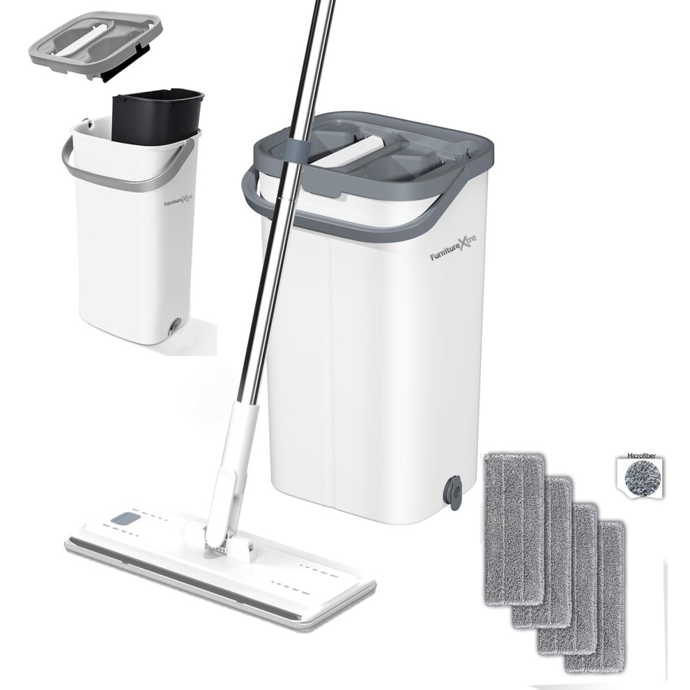 FurnitureXtra Mop and Bucket Set. Microfibre Flat Mop for Wet & Dry with Stainless Steel Handle, Twin Chamber Bucket Suitable for All Floor