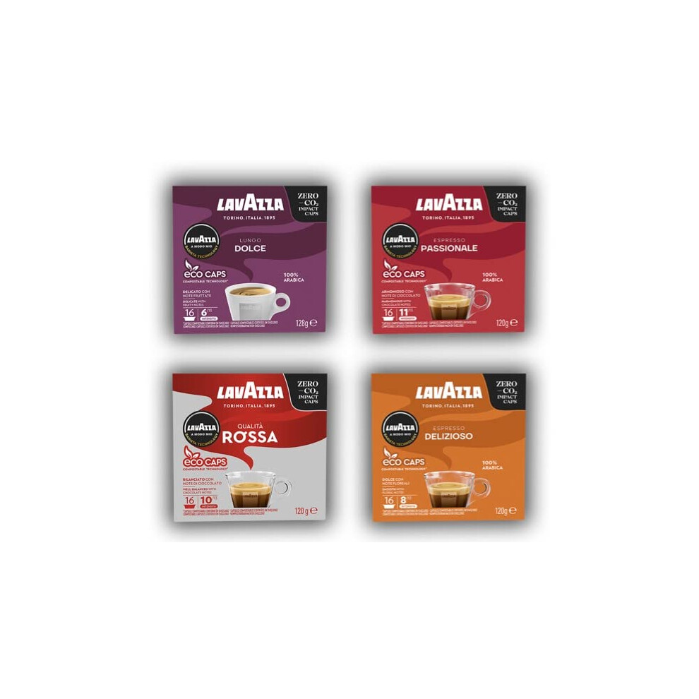 Lavazza, 4 Variety Pack, A Modo Mio, Coffee Capsules, Compostable, 4 packs of 16 Coffee Pods (64 Coffee Capsules)