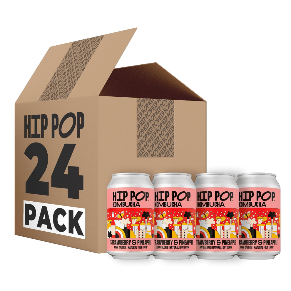 Hip Hip Hooray Hip Pop Kombucha, Low Calorie, 100% Natural, Vegan, Strawberry & Pineapple, 24 X 330 Ml