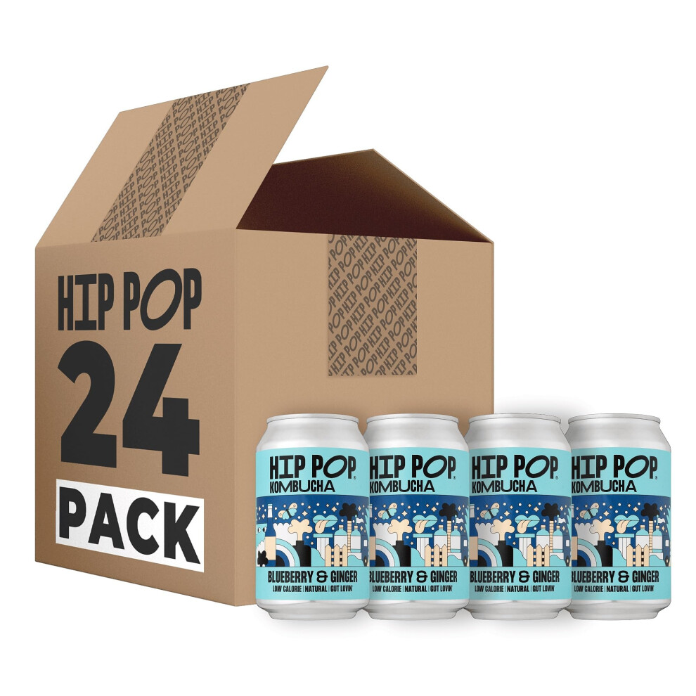 Hip Hip Hooray Hip Pop Kombucha, Low Calorie, 100% Natural, Vegan, Blueberry & Ginger, 24 X 330 Ml