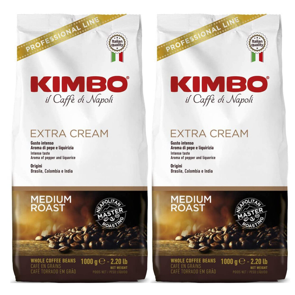 New Kimbo Extra Espresso Coffee Beans 2X1kg Pack Of 2 - Medium Roast Arabica/Robusta Blend For Lattes & Cappuccinos Cream