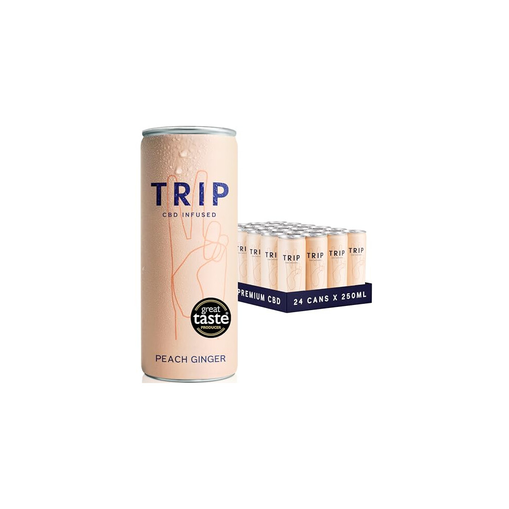 TRIP CBD Drink, Sparkling Peach Ginger Fizzy Drink, Low Calorie, Vegan, Stress & Anxiety Relief (Pack Of 24 X 250ml)