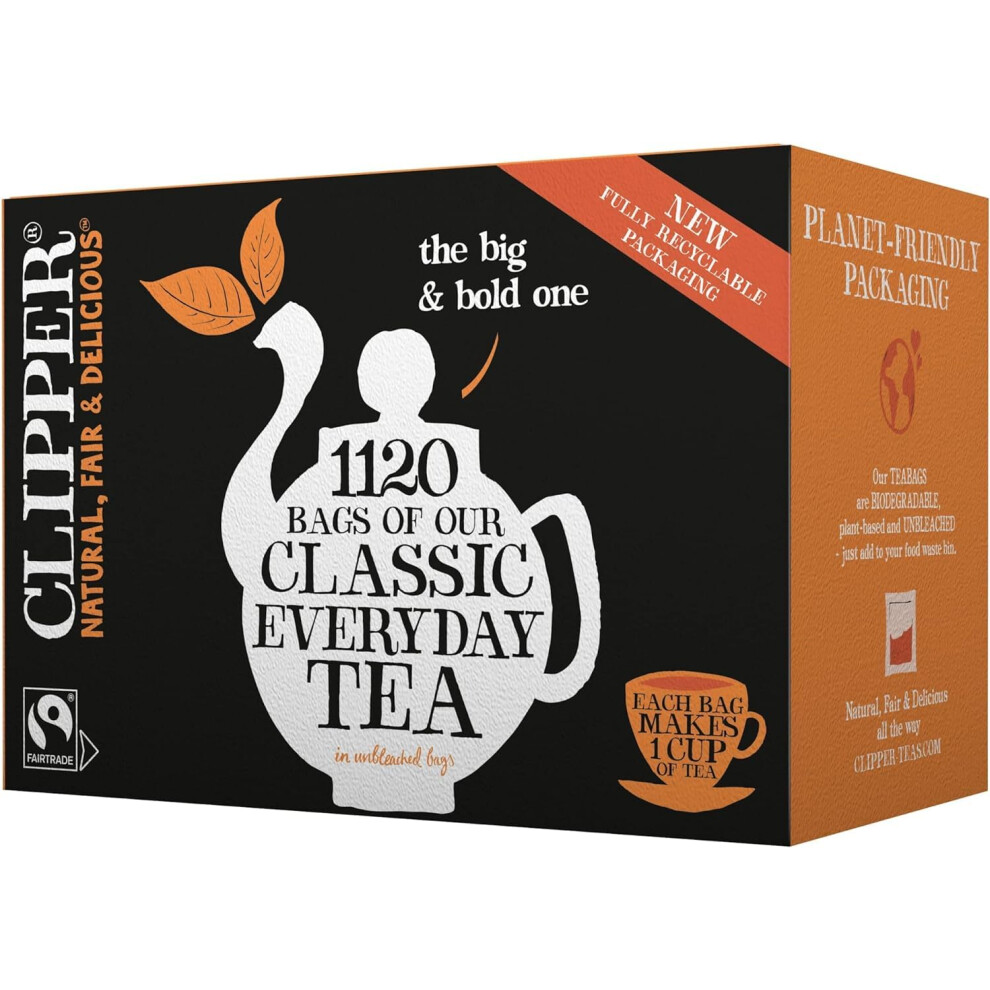 Clipper Tea Everyday Fairtrade Tea Bags Set Of 1120 | Bulk Catering Pack Of 1120 Teabags | Unbleached, Plastic Free & Biodegradable | Perfect Black