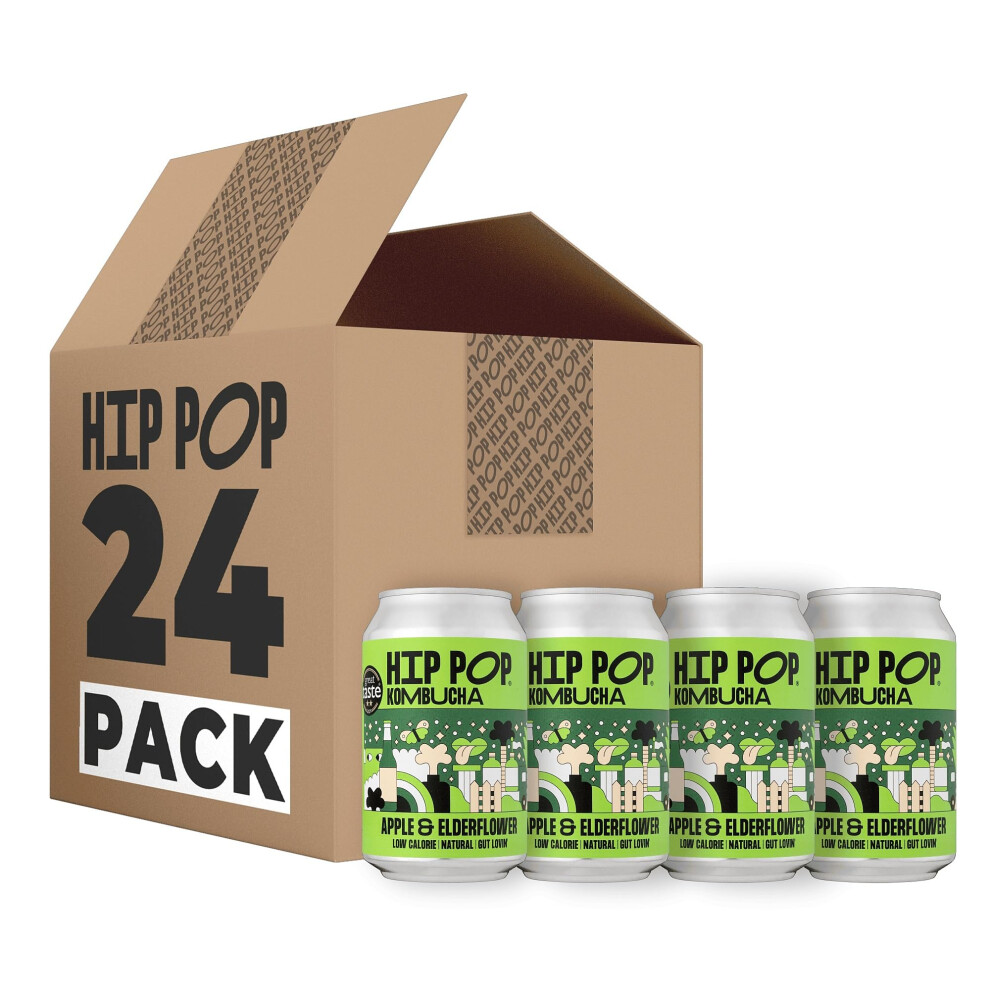 Hip Hip Hooray Hip Pop Kombucha, Low Calorie, 100% Natural, Vegan, Apple & Elderflower, 24 X 330 Ml