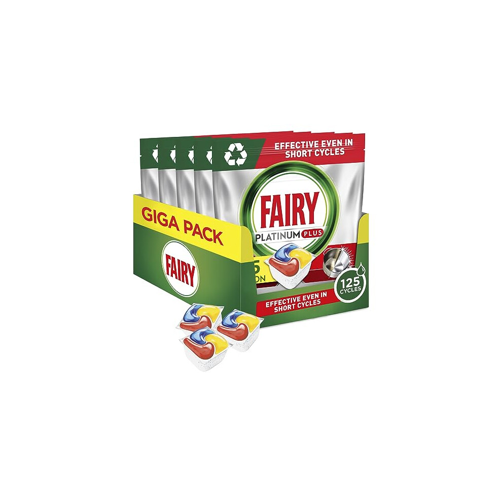 Fairy Platinum Plus Complete All-In-1 Dishwasher Tablets Bulk, 125 Tablets, Lemon, With Anti-Dull Technology & Rinse Aid Action, Effective In Short