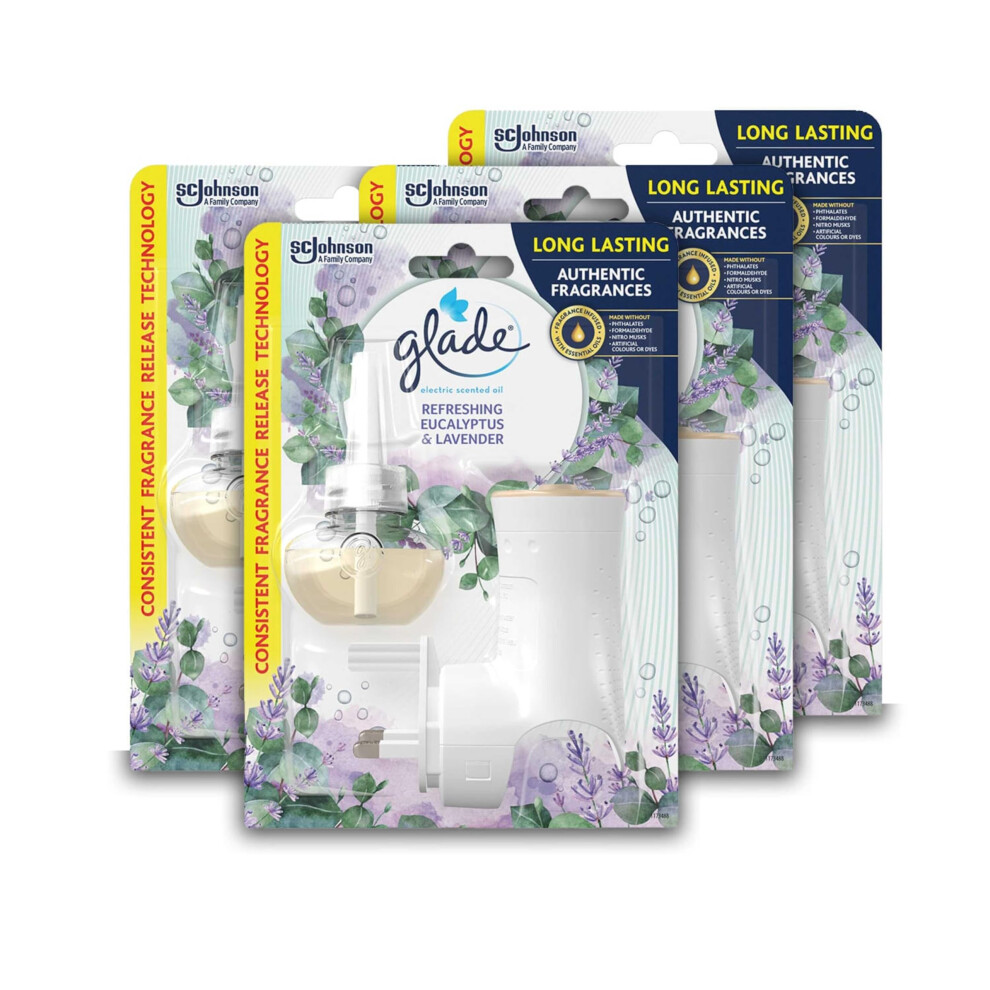 Glade Plug in Air Freshener Holder and Refill, Electric Scented Oil Room Air Freshener, Eucalyptus & Lavender, Pack of 4 (4 x Holder and 4 x 20 ml