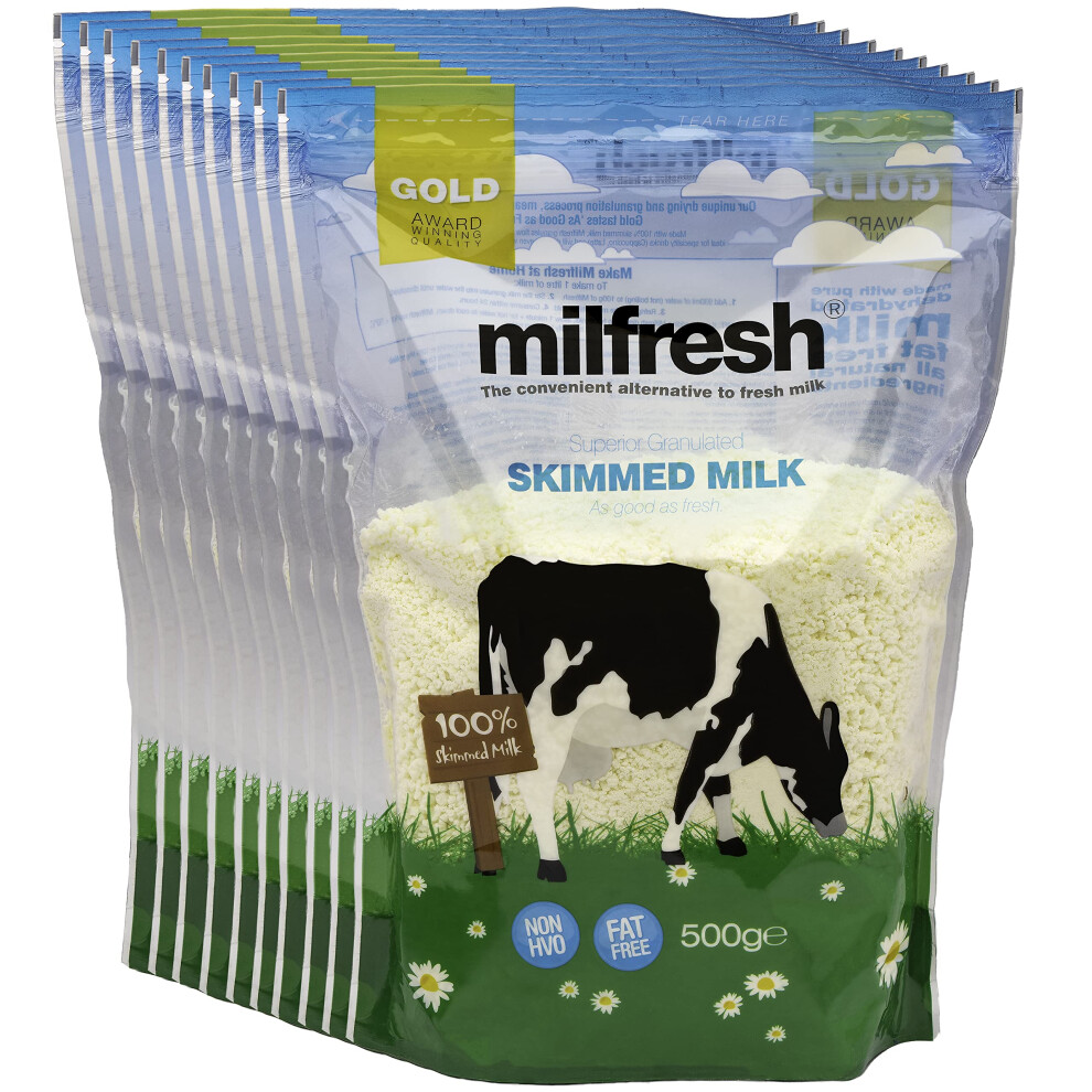 Milfresh Superior Granulated Skimmed Milk 500G X10 Pack – Creamy, Natural, No Added Sugar, Ideal For Coffee, Tea & Hot Chocolate Gold