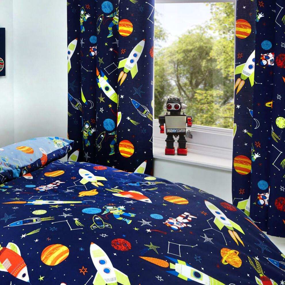 Supersonic - Glow In The Dark Lined Pencil Pleat Curtains - 66" Width X 72" Drop (168 X 183Cm), Blue Bedlam