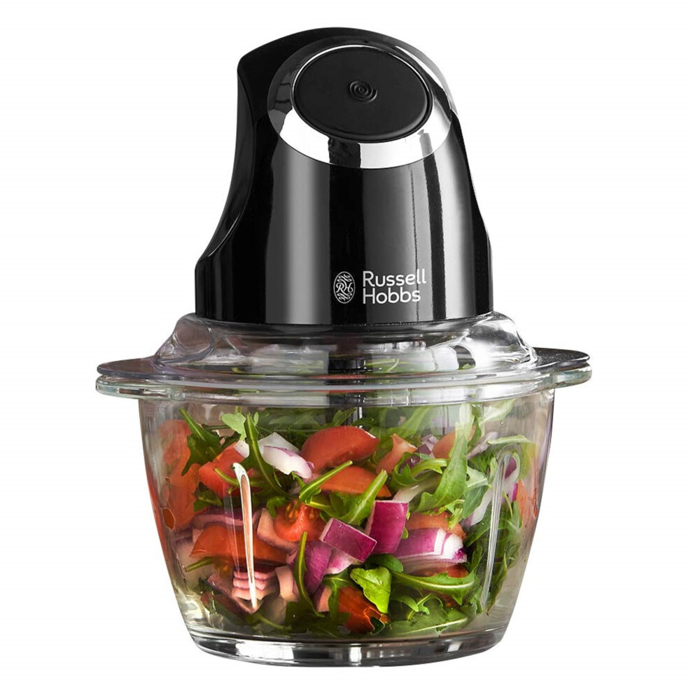 Russell Hobbs Desire Electric Fruit & Vegetable Mini Chopper, 1L glass bowl with 500ml food capacity & storage lid, Dishwasher safe parts, Stainless