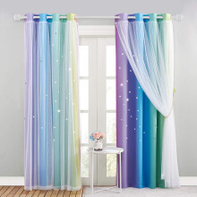 NICETOWN Blackout Curtains for Living Room - Large Window Covering with Cut-Out Stars Mix Net Curtains for Light Filter & Privacy Protected, 2 Panels,