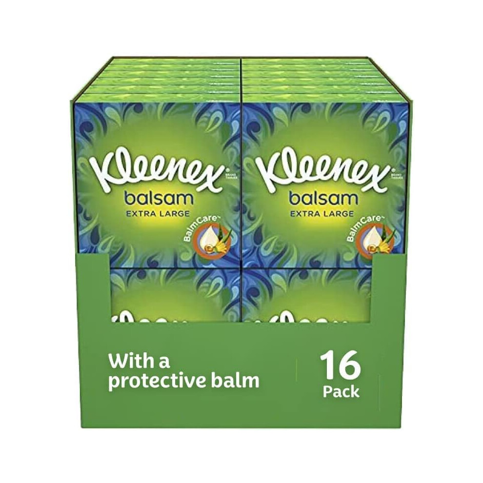 Kleenex Balsam Extra Large Tissues in 16 Compact Boxes- Balm Tissues - Protect and Soothe Your Nose When You've Got a Cold - BalmCare with Aloe Vera,