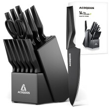 ACOQOOS Knife Set with Block, Kitchen Knife Sets 14 Piece with Built-in Sharpener, Kitchen Knives for Chopping, Slicing, Dicing Cutting