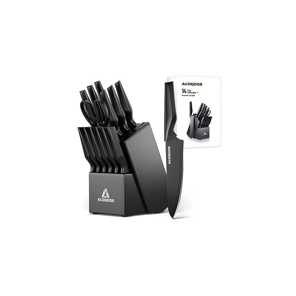 Acoqoos Knife Set With Block, Kitchen Knife Sets 14 Piece With Built-In Sharpener, Kitchen Knives For Chopping, Slicing, Dicing Cutting