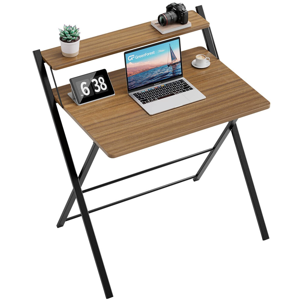 GreenForest Folding Desk No Assembly Required Large Size,Computer Desk with 2-Tier Shelf Laptop Foldable Table for Small Spaces, Espresso