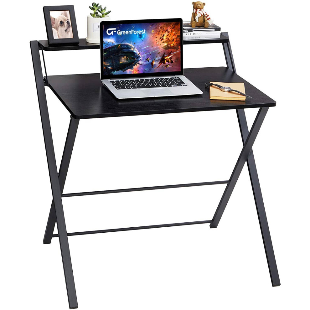 GreenForest Folding Desk No Assembly Required Large Size Computer Desk with 2 Tier Shelf Laptop Foldable Table for Small Spaces Black on OnBuy