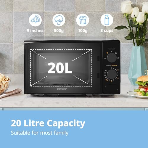 COMFEE' 700W 20L Black Microwave Oven With 5 Cooking Power Levels, Quick Defrost Function, And Kitchen Manual Timer - Compact Design CM-M202CC(BK) 1