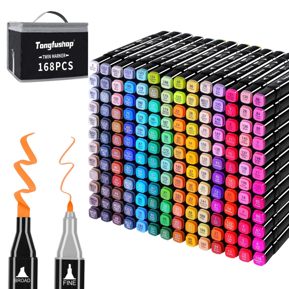 Tongfushop 168 Colored Marker Set, Colouring Pens, Art Pens, Felt Tip Pens, Double Tip Paint Pens for Drawing, Sketching, Anime and Manga with